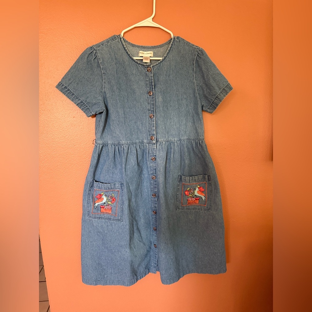 Denim Blue Dress with Embroidered Pockets
